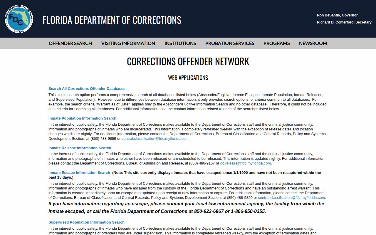Florida Corrections offender search menu