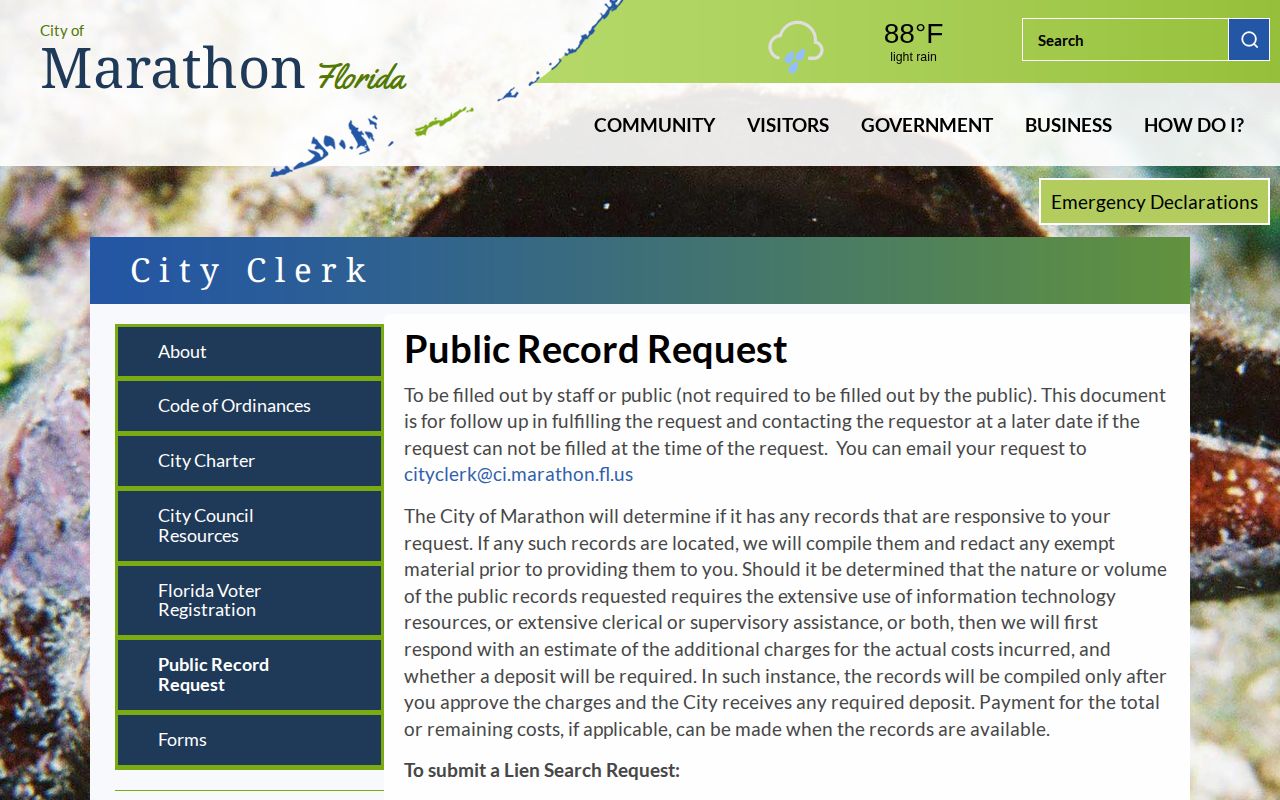 Marathon public record request page for city records related to Monroe County