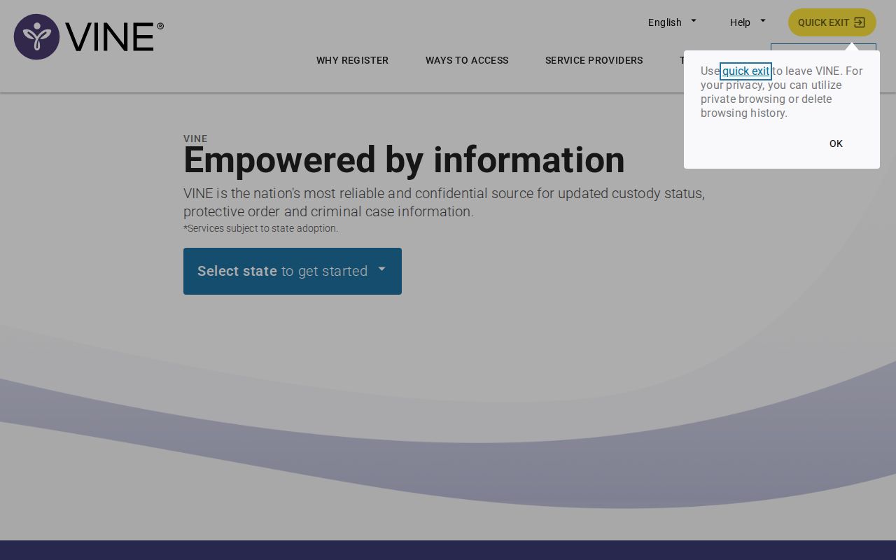 VINELink landing page with state custody search entry point